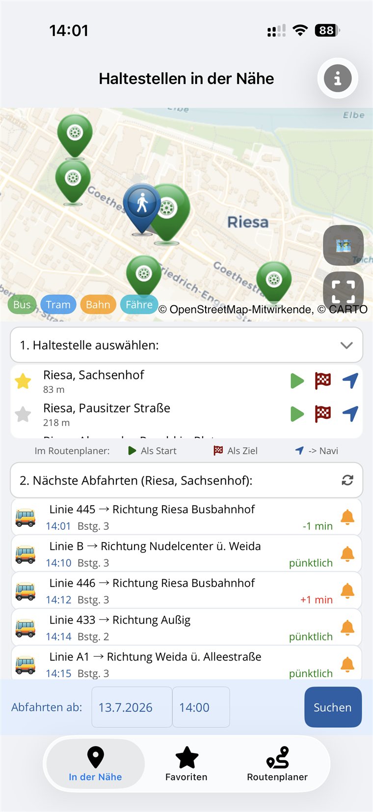 Nearby stops with live departures