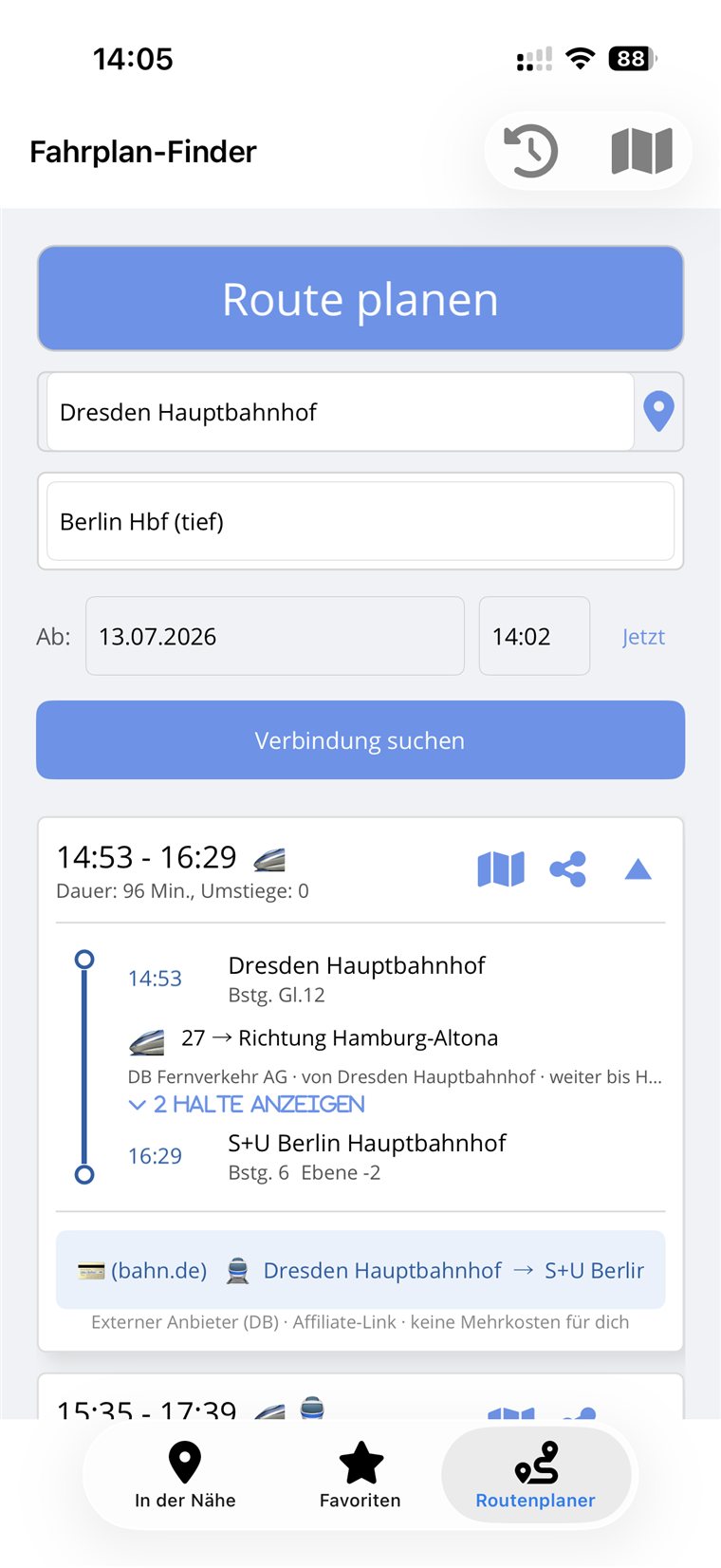 Route planner with connections and ticket booking