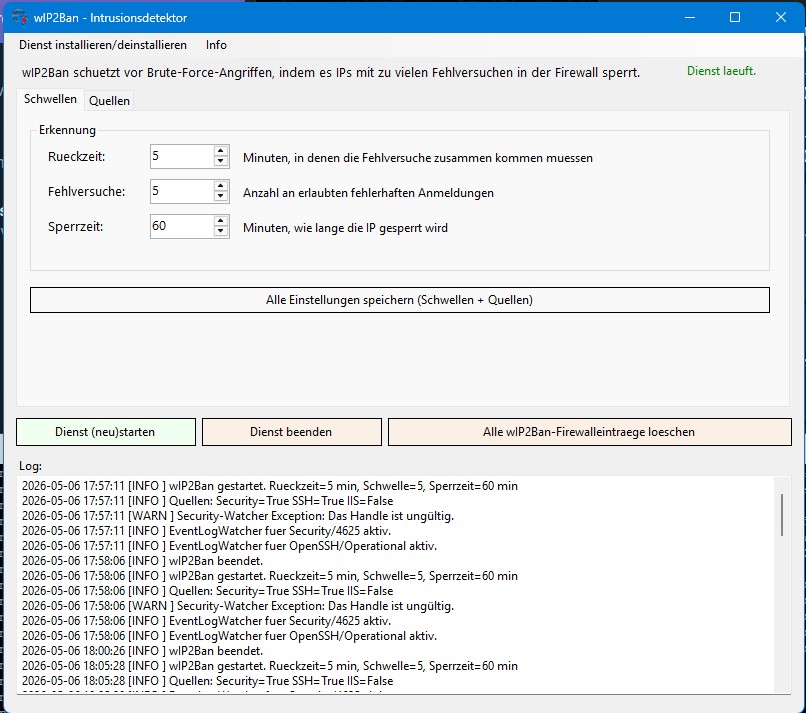 Screenshot von wIP2Ban – Tab Schwellen mit Erkennungseinstellungen und Live-Log