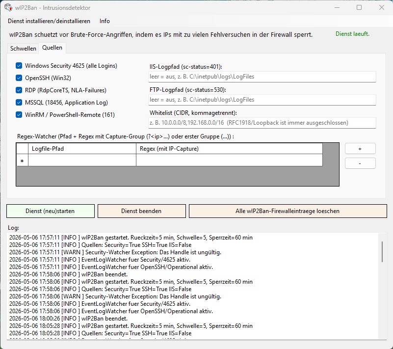 Screenshot von wIP2Ban – Tab Quellen mit allen aktivierbaren Logquellen, Whitelist und benutzerdefinierten Regex-Watchern